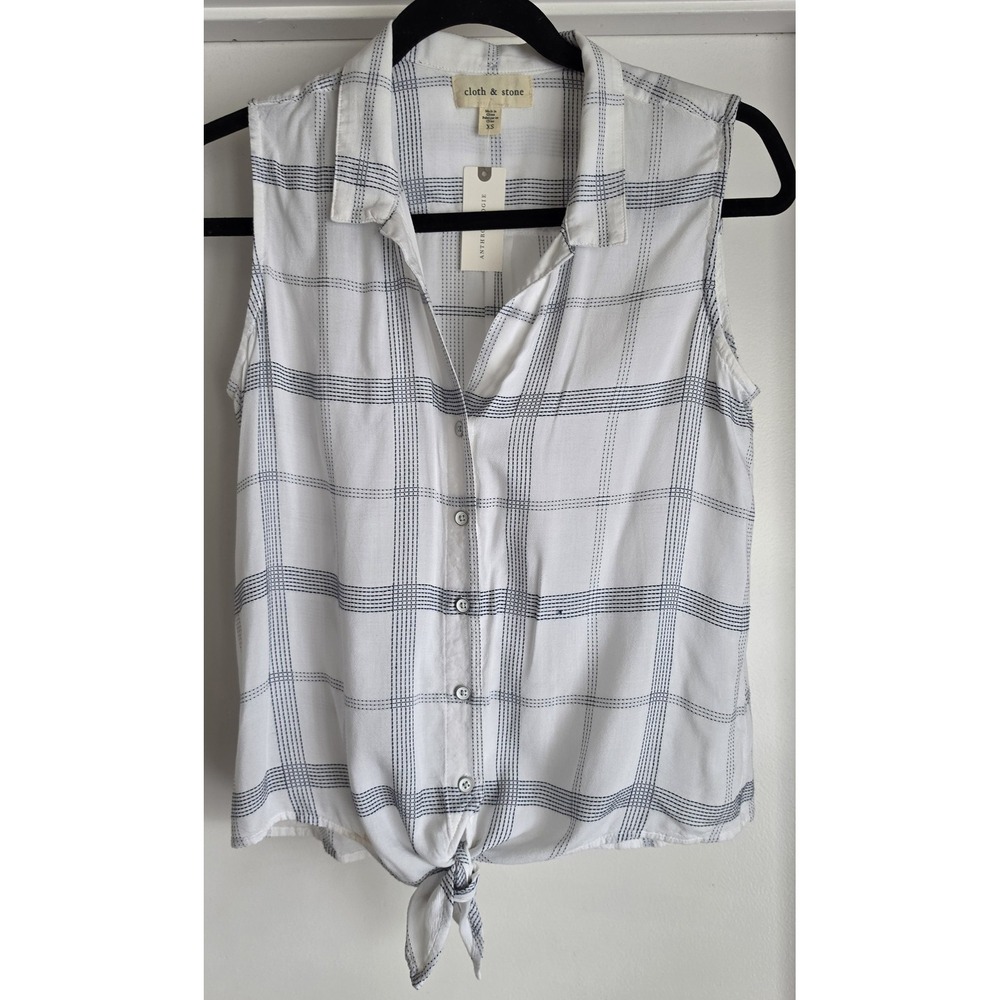 NWT Cloth & Stone Button-Up Shirt XS Sleeveless Plaid White Navy Collared Top